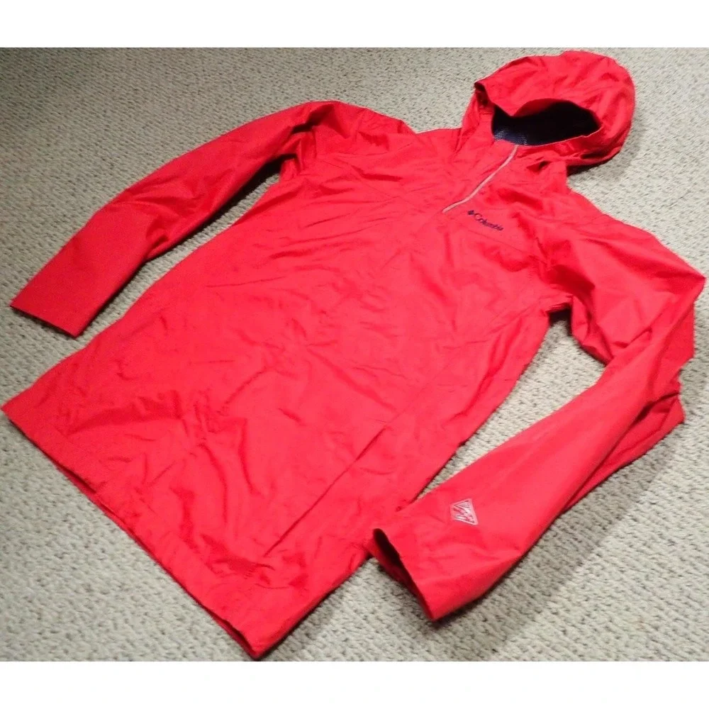Columbia Rain Jacket Boys Large Red Excellent Packable Omni-Tech Waterproof Hood